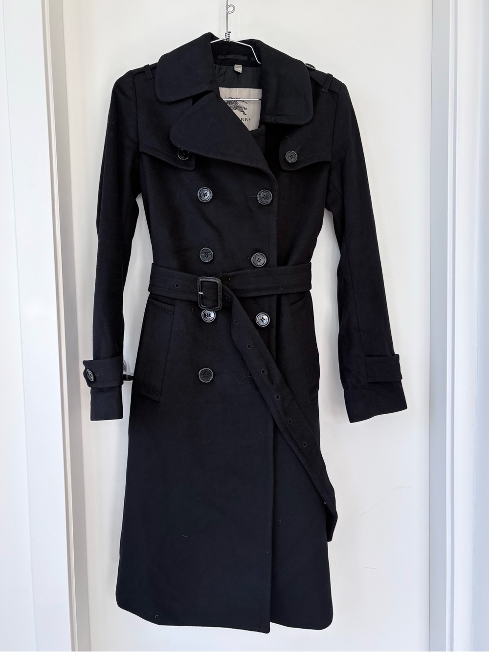Burberry Black Double-Breasted Wool Trench Coat - Size 2